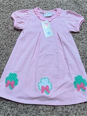 Jellybean Pink Striped Dress with Green Clover and Bow Appliqués Size 3T NWT